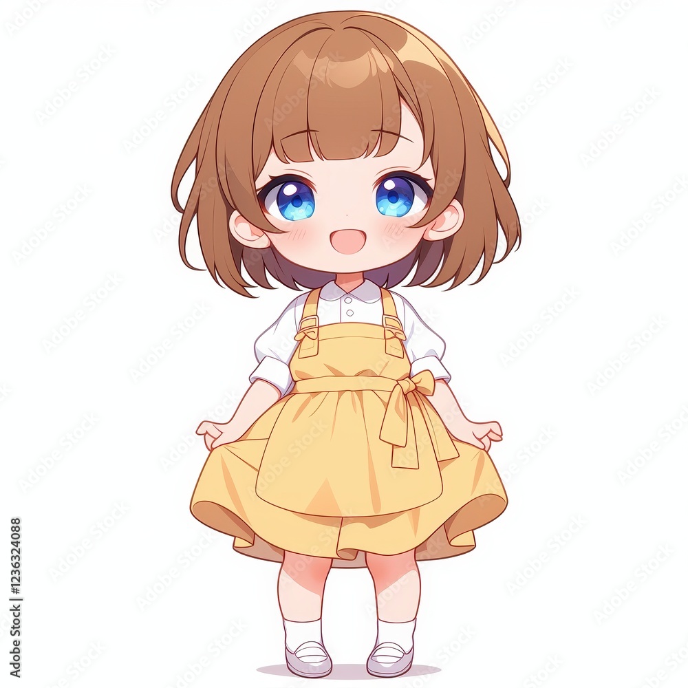 Adorable Anime Girl Cute Cartoon Child in Yellow Dress Big Blue Eyes Happy Expression Adorable Anime Girl Cute Cartoon Child in Yellow Dress Big Blue Eyes Happy Expression