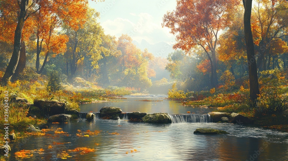 Obraz premium Autumnal Forest Stream Scene with Falling Leaves