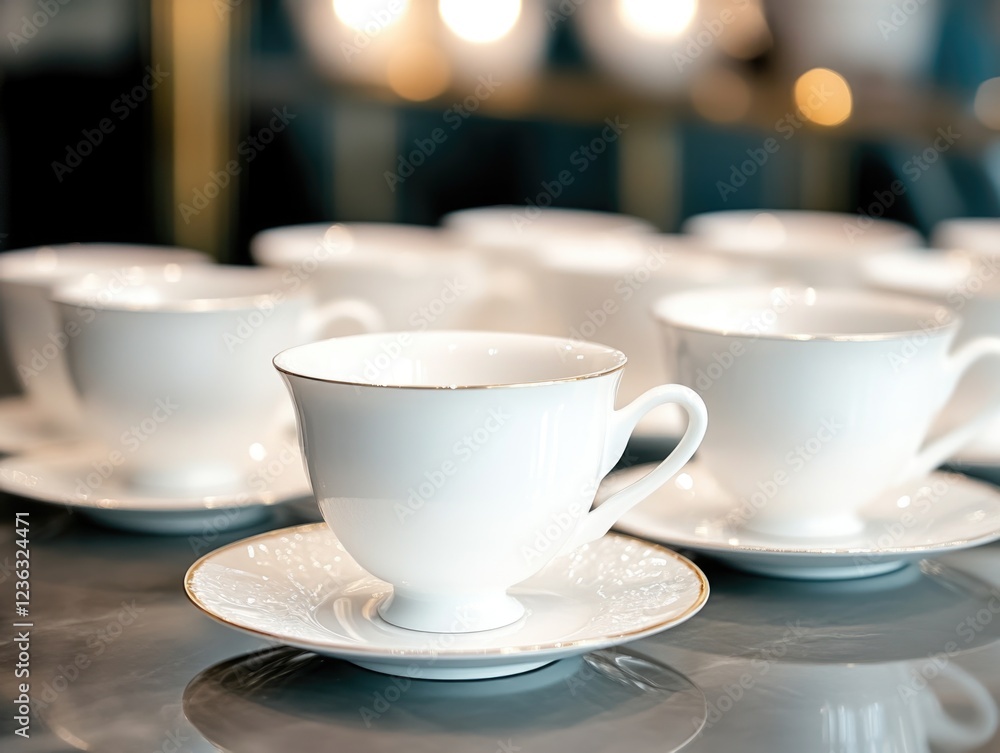 Teacups on white saucers, ready for service. Teacups on white saucers, ready for service.