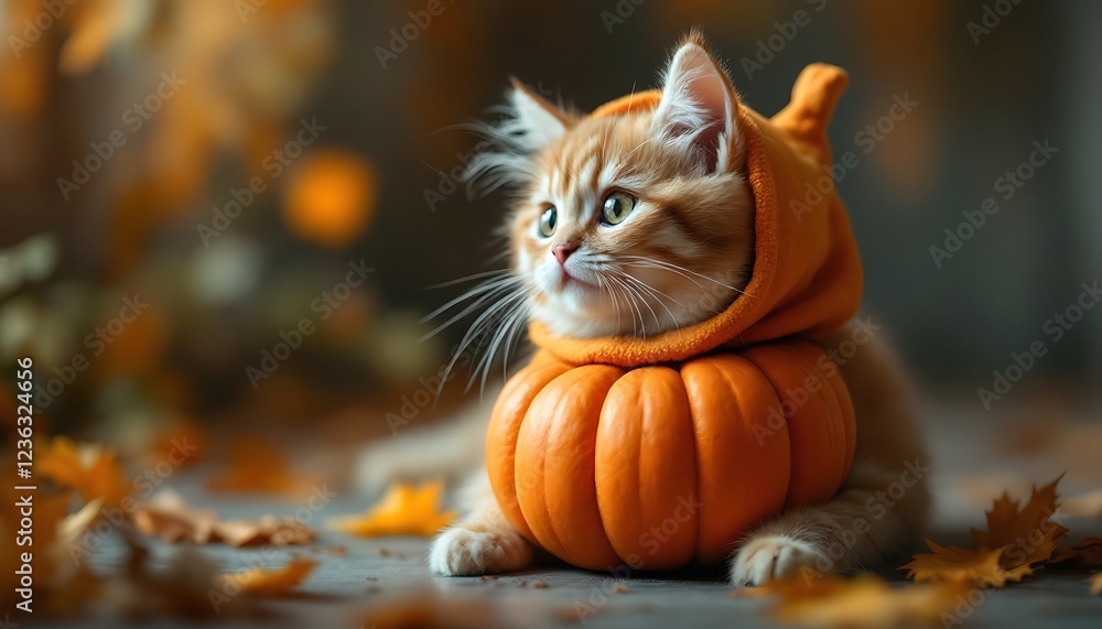 Adorable Ginger Kitten Pumpkin Costume Autumn Leaves Background Adorable Ginger Kitten Pumpkin Costume Autumn Leaves Background