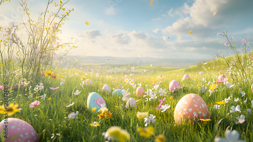 Wallpaper Mural A rustic country field alive with wildflowers dancing in a gentle breeze, accented by artfully hidden Easter eggs amid tall, swaying grasses Torontodigital.ca