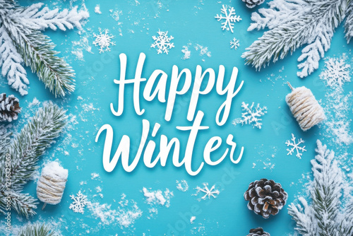 Happy winter for calendar, invitation, greeting card, postcard, typography poster, banner, flyer. Handwritten modern lettering. Inspirational quote on textured background