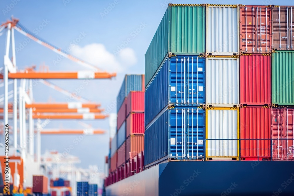 Fototapeta premium Colorful shipping containers stacked at a harbor, symbolizing global trade and logistics operations.