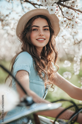 Shot of pretty young woman with a vintage bike enjoying the time in cherry field in springtime