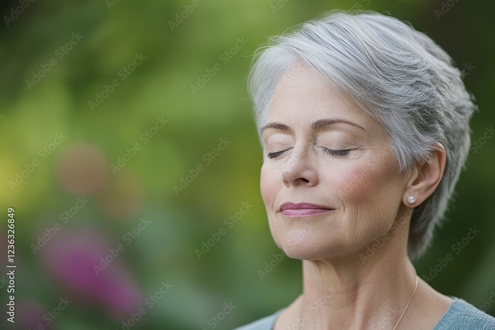 A mature woman with gray hair embodies tranquility and inner peace while enjoying a serene moment in a beautiful natural environment surrounded by greenery and sunlight. Mindfulness and relaxation. A mature woman with gray hair embodies tranquility and inner peace while enjoying a serene moment in a beautiful natural environment surrounded by greenery and sunlight. Mindfulness and relaxation.