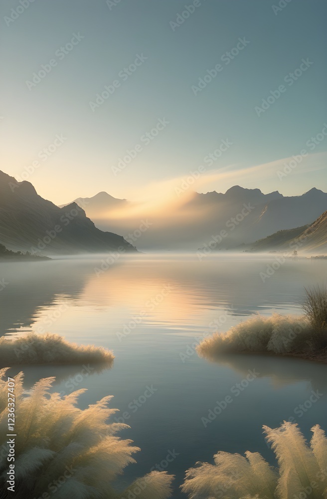 Obraz premium Peaceful Nature View with Gentle Mist and Warm Sunset Glow Wallpaper Art 