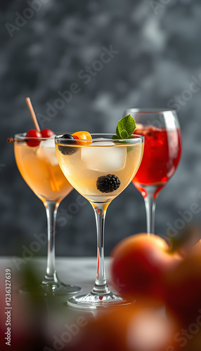 Wallpaper Mural three sophisticated different cocktails garnished with berries and fruits, concept, banner, blurry foreground. isolated with white shades Torontodigital.ca