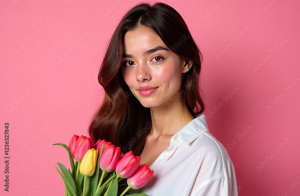 Young woman holding bouquet of vibrant tulips on pink background. Concept of beauty and admiration. Women's Day. Mother's Day. Young woman holding bouquet of vibrant tulips on pink background. Concept of beauty and admiration. Women's Day. Mother's Day.
