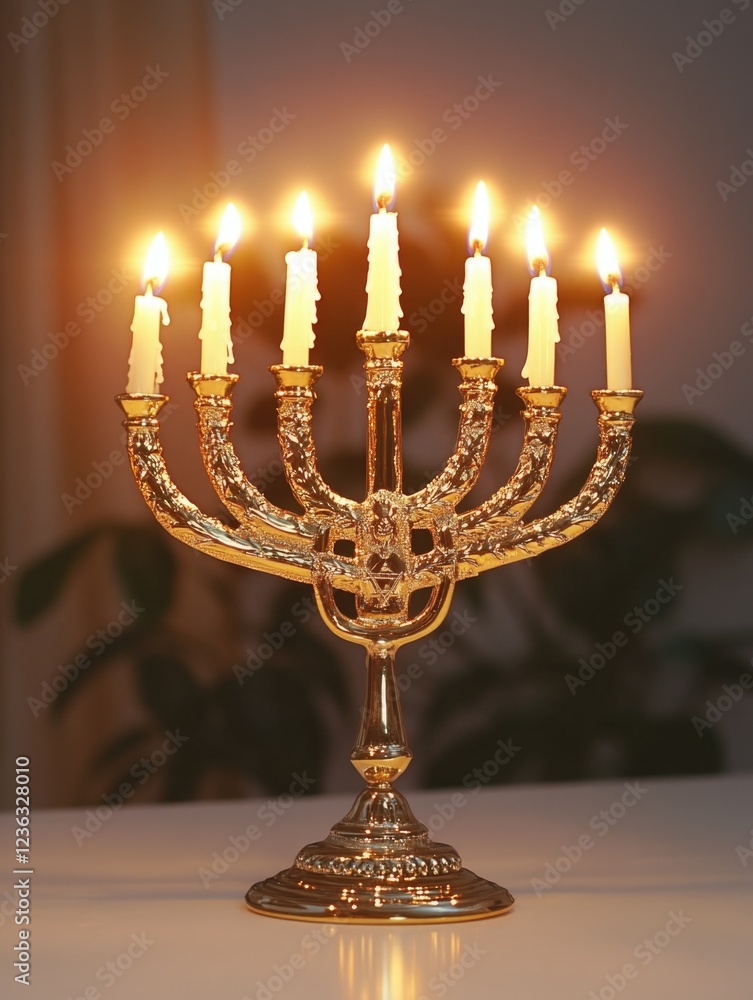 Golden menorah with lit candles, traditional Jewish home decoration. Golden menorah with lit candles, traditional Jewish home decoration.