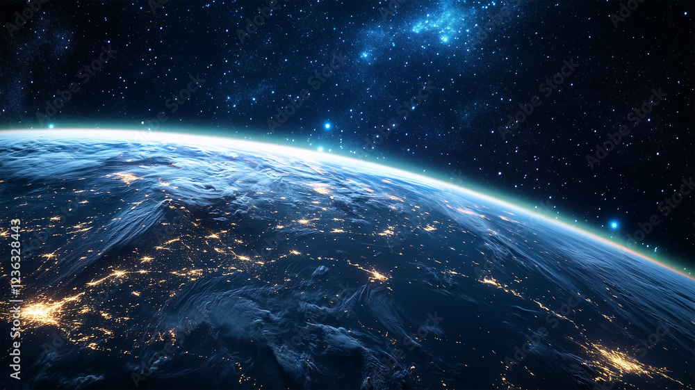 Obraz premium 宇宙から見た地球のカーブに沿って輝く幻想的なオーロラ