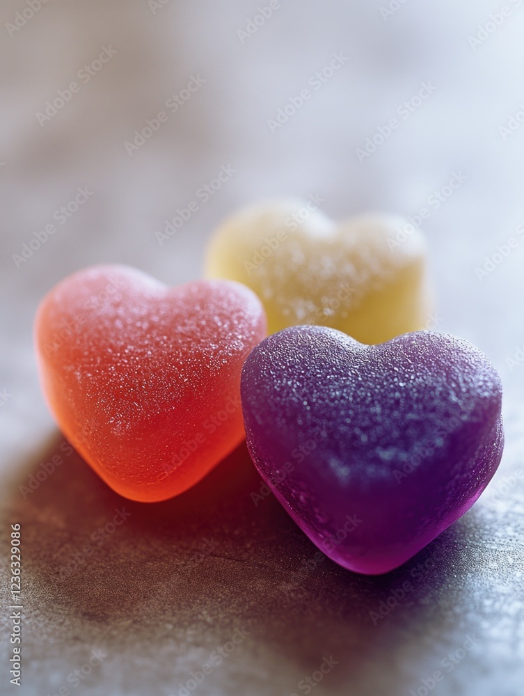 Obraz premium Three heart-shaped candies in vibrant pastel colors, with sugar coating. A delightful dessert item, perfect for a sweet treat or a festive occasion.