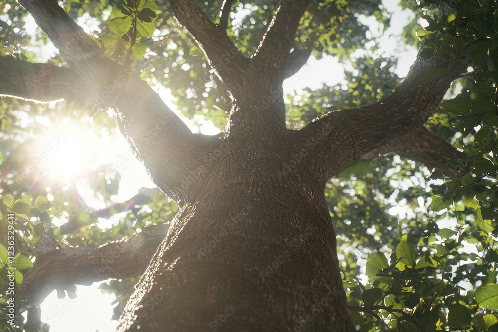 Obraz premium Tall tree trunk and branches seen from below with sunshine, nature background.