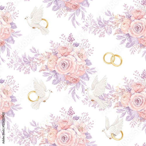 Elegant wedding seamless pattern with delicate floral arrangements, golden rings, and doves on a soft white background photo