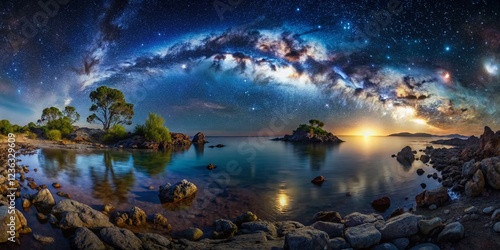 Alien World Nightscape with Strange Vegetation and Distant Satellite