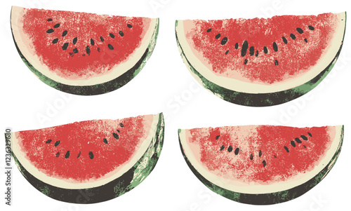 Vintage Food Art Featuring an Antique Watermelon Slice in Faded Red and Green Tones, Natural Hues That Evoke a Rustic, Classic Feel