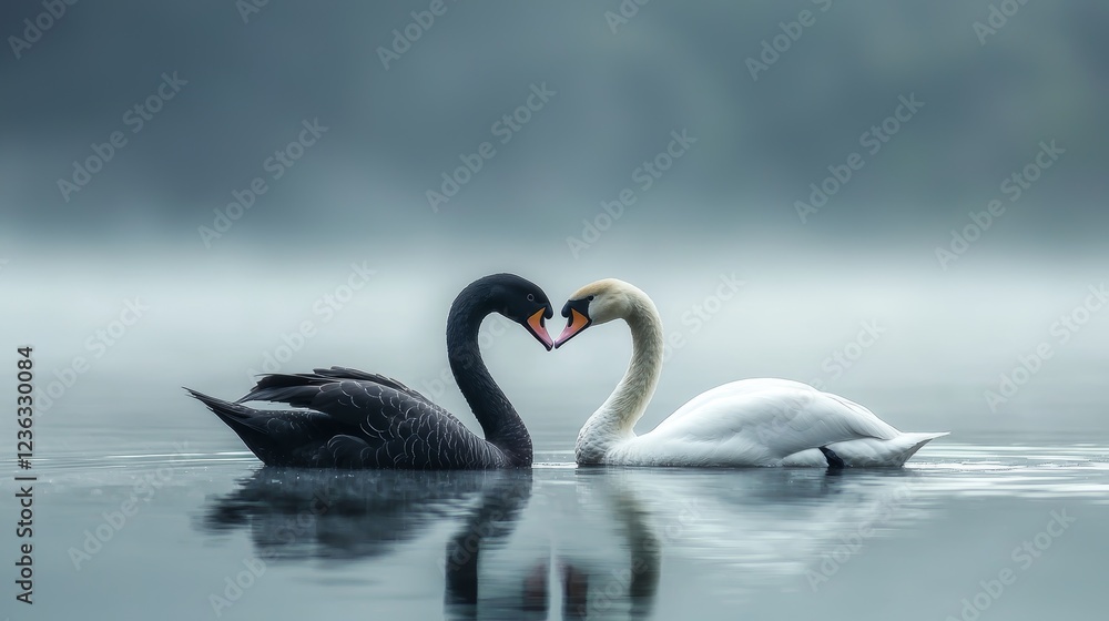 Fototapeta premium Two birds forming a heart shape on tranquil water black swan and white bird elegant motion photorealistic telephoto shot natural light bright details distant mountain backdrop