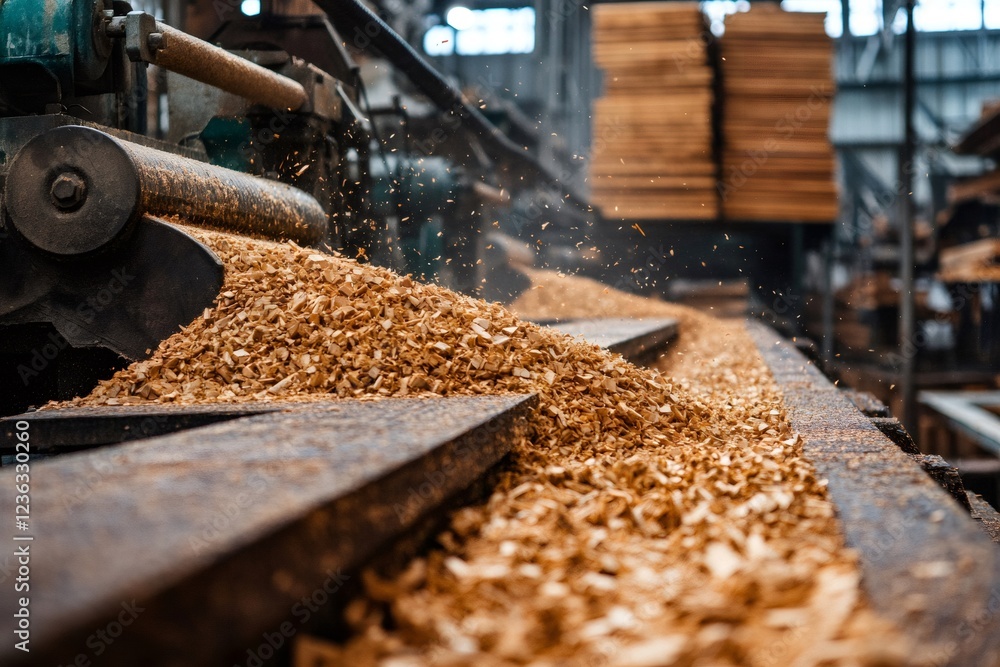 Woodworking machine processing planks, creating sawdust in carpentry workshop Woodworking machine processing planks, creating sawdust in carpentry workshop