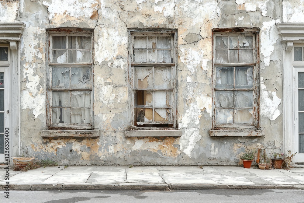 Dilapidated building facade with weathered windows and cracked wall Dilapidated building facade with weathered windows and cracked wall