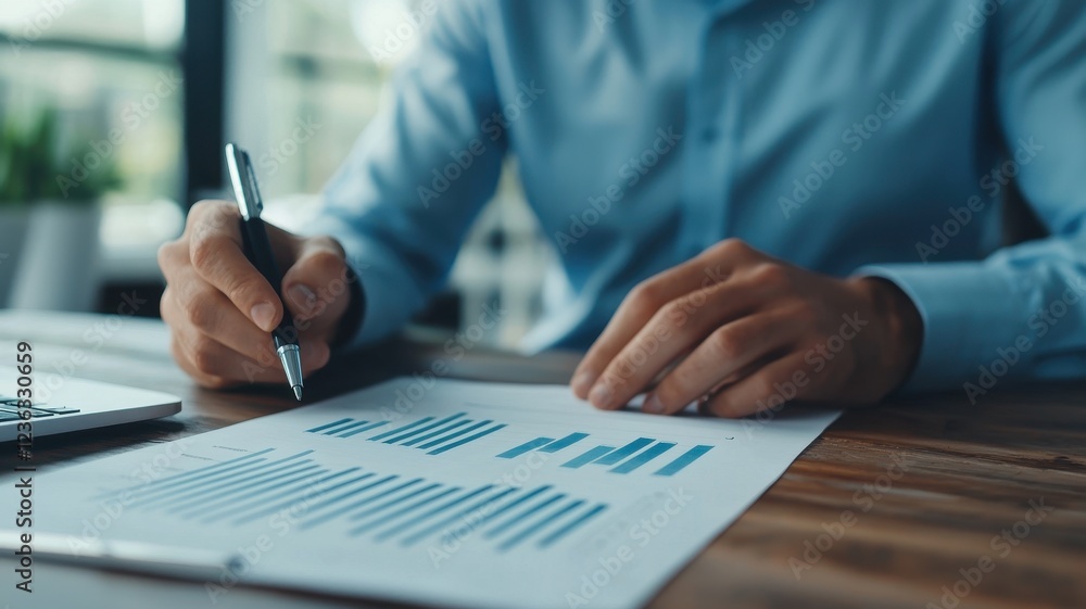 Businessperson reviewing financial charts and graphs analyzing data with a pen Businessperson reviewing financial charts and graphs analyzing data with a pen