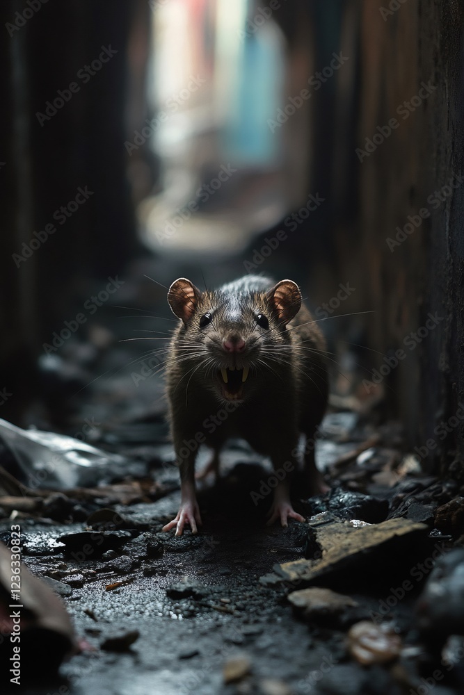 Aggressive rat showing teeth in dark alleyway Aggressive rat showing teeth in dark alleyway