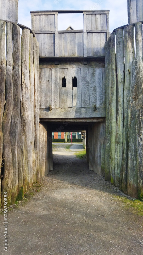 Wooden castle. Entrance to an antique, medieval castle. Scandinavian monument. Wooden castle. Entrance to an antique, medieval castle. Scandinavian monument.