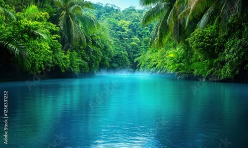 Hidden Tropical Lagoon Surrounded by Dense Jungle and Vibrant Blue Water