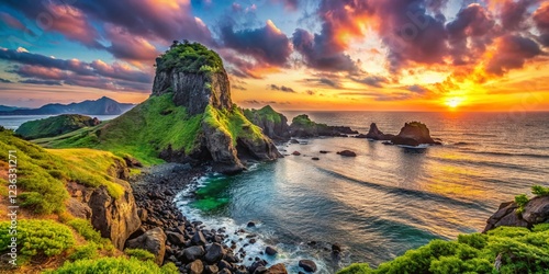 Majestic Oedolgae Rock, Jeju Island, South Korea: Panoramic Sunrise Landscape photo