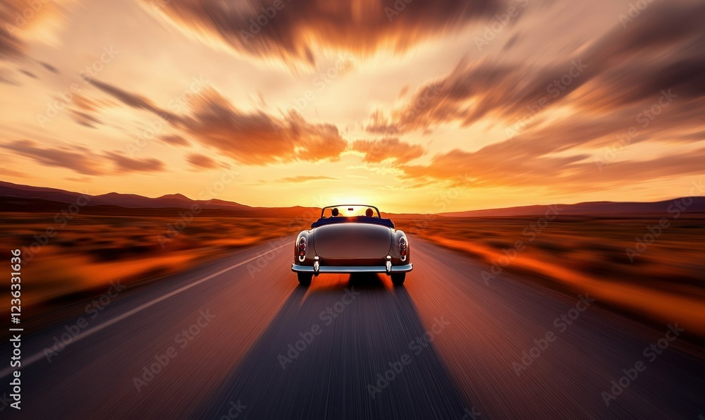 Obraz premium Vintage Convertible on Desert Highway at Sunset