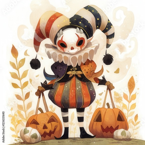 Adorable Halloween Jester Character with Pumpkins Autumnal Illustration Fantasy Art photo