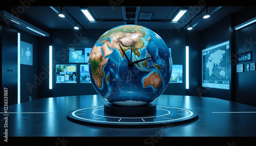 Globe showing Asia and Australia in a high-tech environment, Globe with Clock Hands