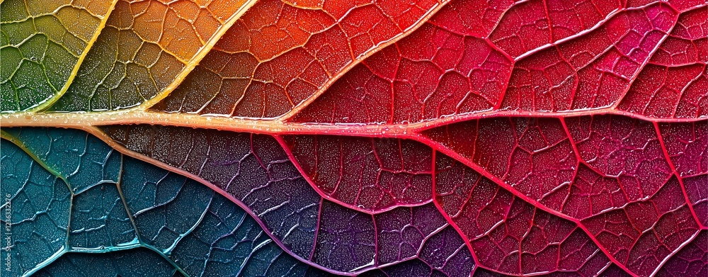 Fototapeta premium A vibrant leaf displays a gradient of colors, showcasing intricate veins and a textured surface, highlighting nature's beauty.