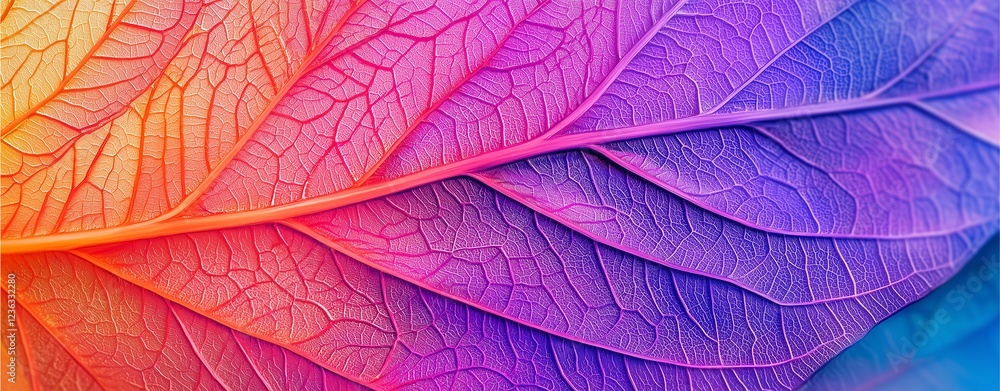 A vibrant, colorful close-up of a leaf showcasing intricate vein patterns in shades of purple, pink, and orange. A vibrant, colorful close-up of a leaf showcasing intricate vein patterns in shades of purple, pink, and orange.