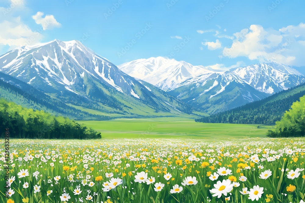 Obraz premium Stunning Mountain Valley with Blooming Flowers