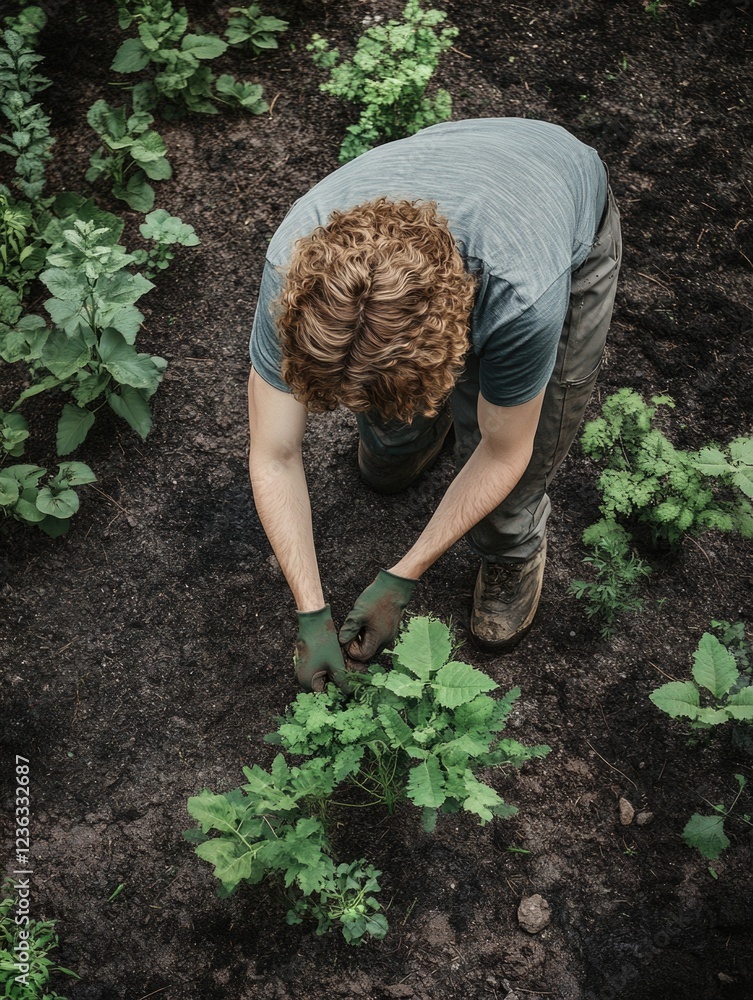 Fototapeta premium Man planting vegetables in garden