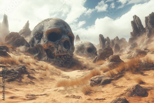 Giant skulls in a desolate alien desert........