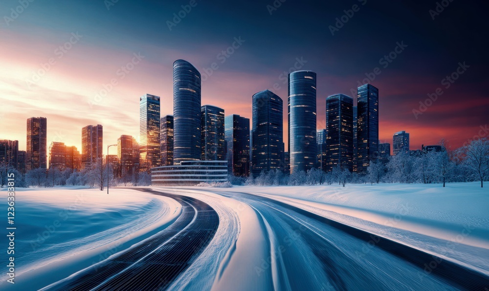Obraz premium Winter City Skyline with Snow and Illuminated Buildings at Sunset