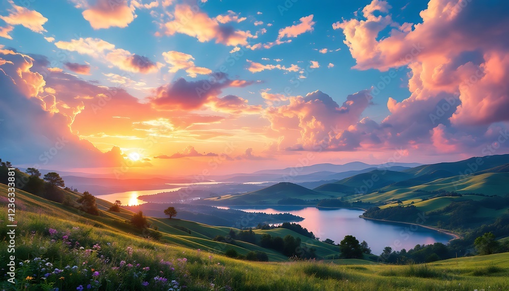 Fototapeta premium Serene Sunset Landscape Rolling Hills Lake Colorful Sky