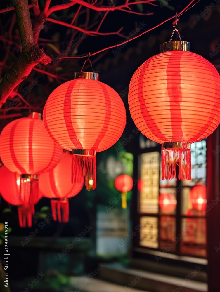 Lanterns hanging from a tree at night with an oriental style Lanterns hanging from a tree at night with an oriental style