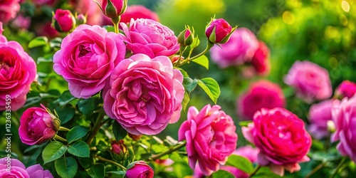 Beautiful Pink Rose Shrub Blooming in Summer Garden