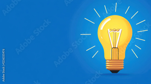 glowing yellow light bulb shines brightly against blue background, symbolizing ideas and creativity. This vibrant illustration captures essence of inspiration and innovation