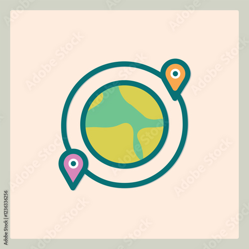 Stylized travel icon featuring a globe with location pins and a circular path