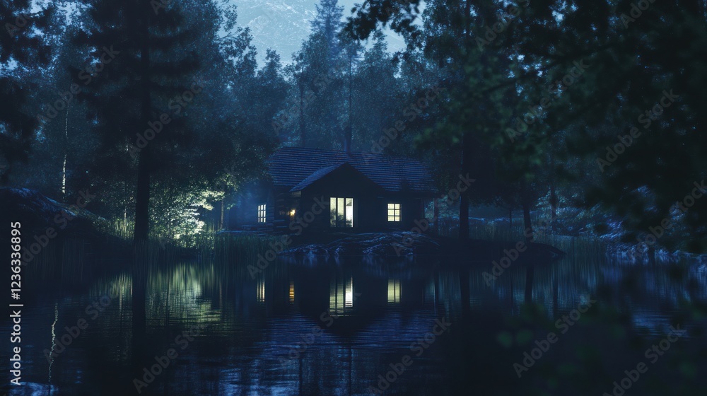 Obraz premium Secluded cabin glows warmly amidst a dark forest reflecting on a tranquil lake at night