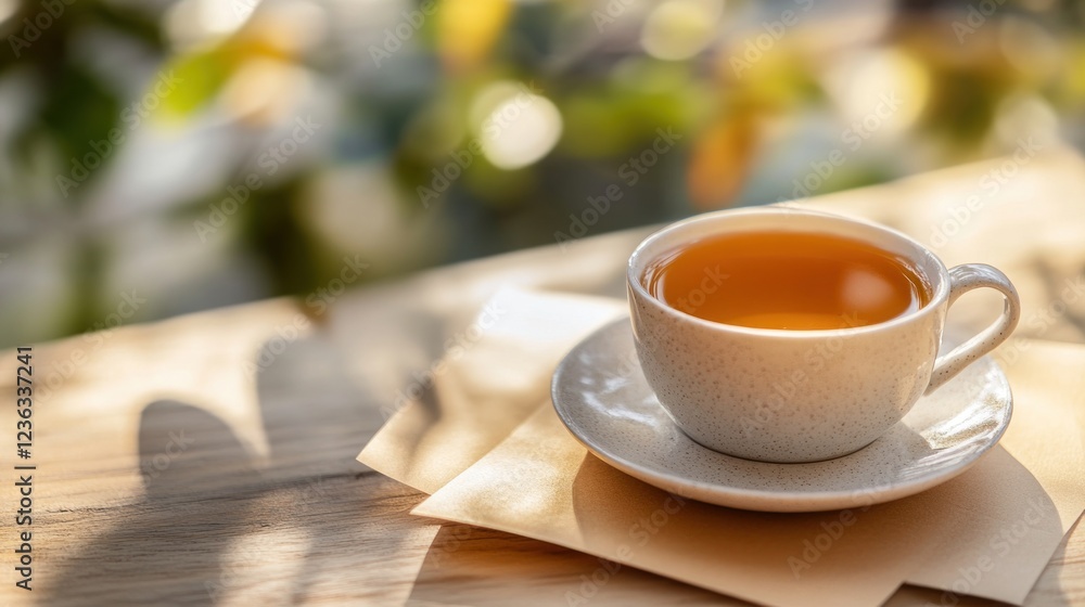Sunny morning teacup on wooden table, garden backdrop, relaxing