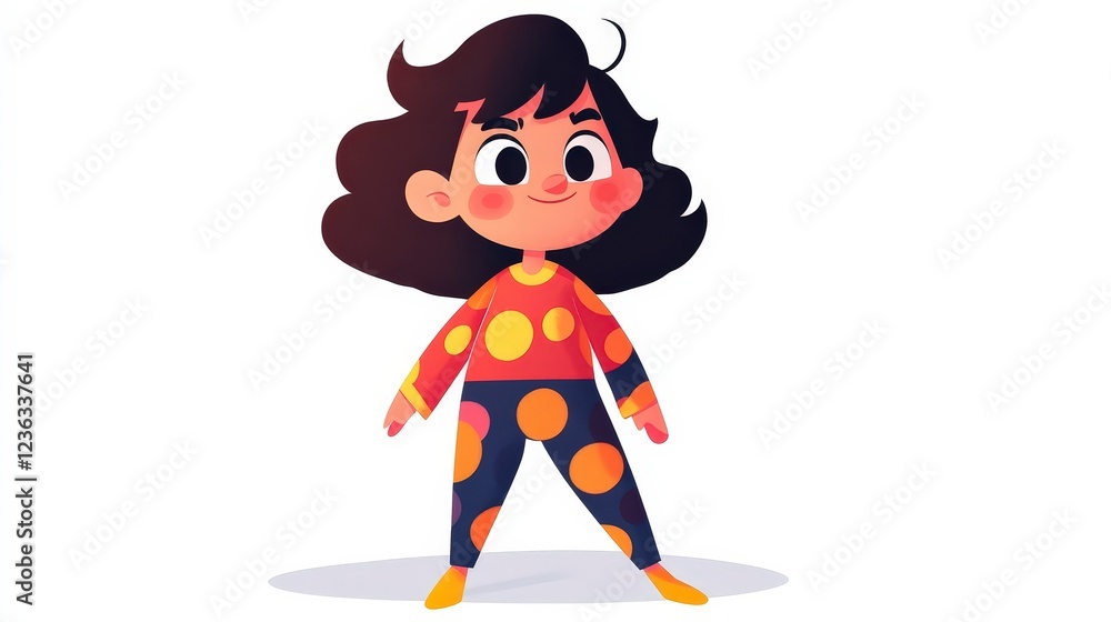 Cheerful Cartoon Child in Colorful Polka Dot Outfit Standing Proudly Cheerful Cartoon Child in Colorful Polka Dot Outfit Standing Proudly