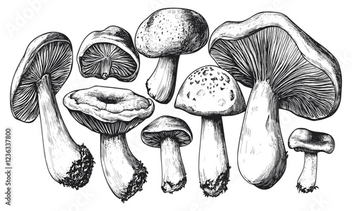 Hand-drawn food illustrations, edible mushrooms, forest plant sketches, perfect for creating recipe cards, menu designs, product labels, branding icons, packaging artwork, and decorative icons for cul