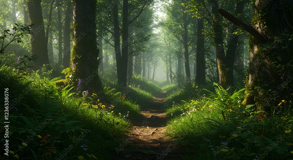 Obraz premium Sunlit Forest Path Magical Nature Trail Scene