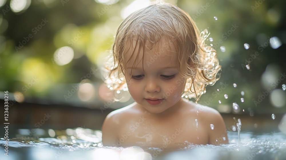 A moment-in-time of a child playing with water in a backyard fountain A moment-in-time of a child playing with water in a backyard fountain