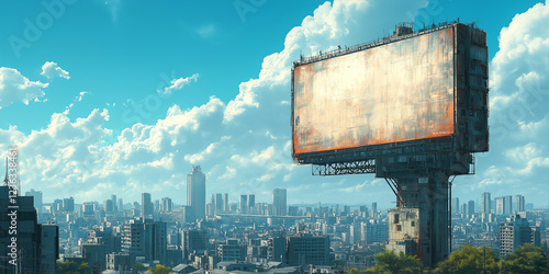 Abandoned billboard above the city with a futuristic urban skyline.