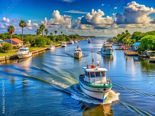 Boats on the Anclote River with Gulf of Mexico in Distance photo