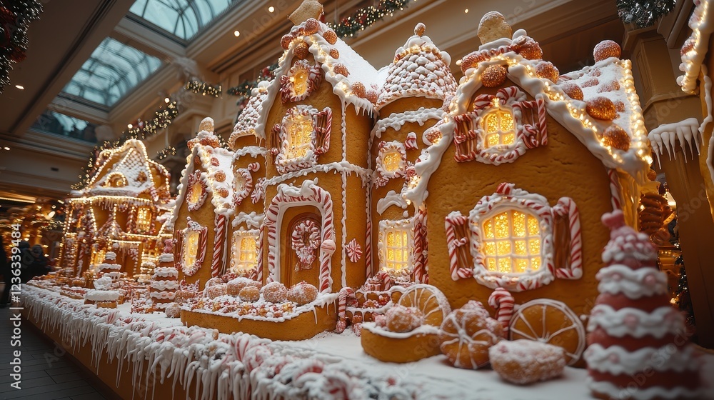 Festive gingerbread village in mall atrium, Christmas lights illuminate confectionery houses Festive gingerbread village in mall atrium, Christmas lights illuminate confectionery houses